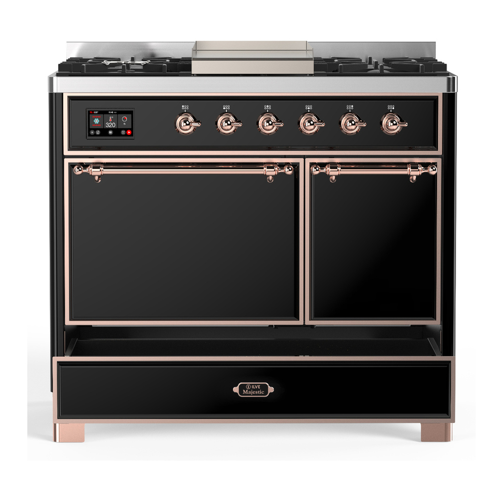 ILVE UMD40FQNR3BKP Majestic III 40 inch Dual Fuel Range with 6 Burners and Griddle, Dual Function Burner up to 25,000 BTU (Natural Gas, Solid Door, Glossy Black, Copper) 5 ILVE-UMD40FQNR3BKP-Drawer Open View