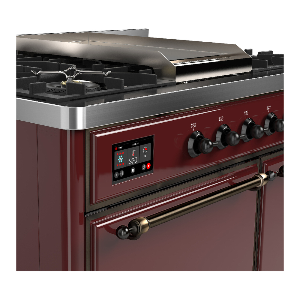 ILVE UMD40FQNR3BUBLP Majestic III 40 inch Dual Fuel Range with 6 Burners and Griddle, Dual Function Burner up to 25,000 BTU (Liquid Propane, Solid Door, Burgundy, Burnished) 7 ILVE-UMD40FQNR3BUBLP-Control Knobs View