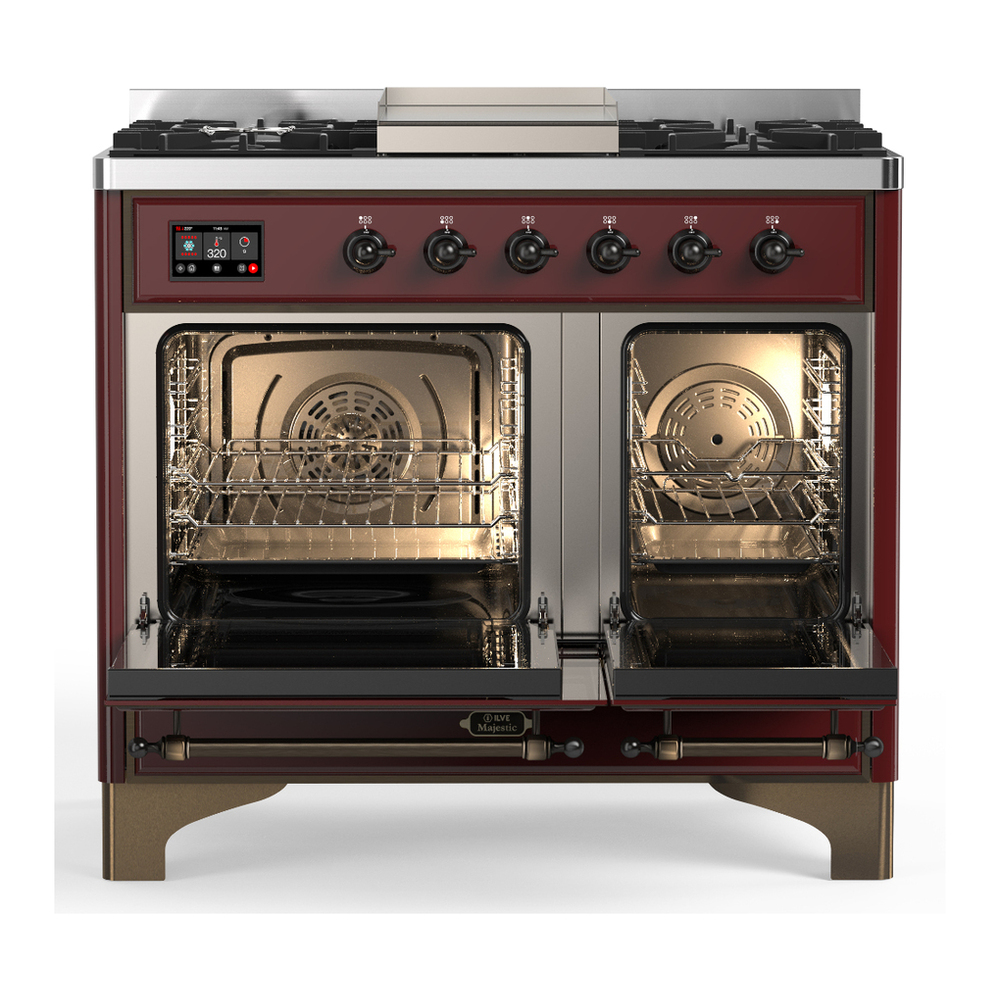 ILVE UMD40FQNR3BUB Majestic III 40 inch Dual Fuel Range with 6 Burners and Griddle, Dual Function Burner up to 25,000 BTU (Natural Gas, Solid Door, Burgundy, Burnished) 2 ILVE-UMD40FQNR3BUB-Double Oven Open View