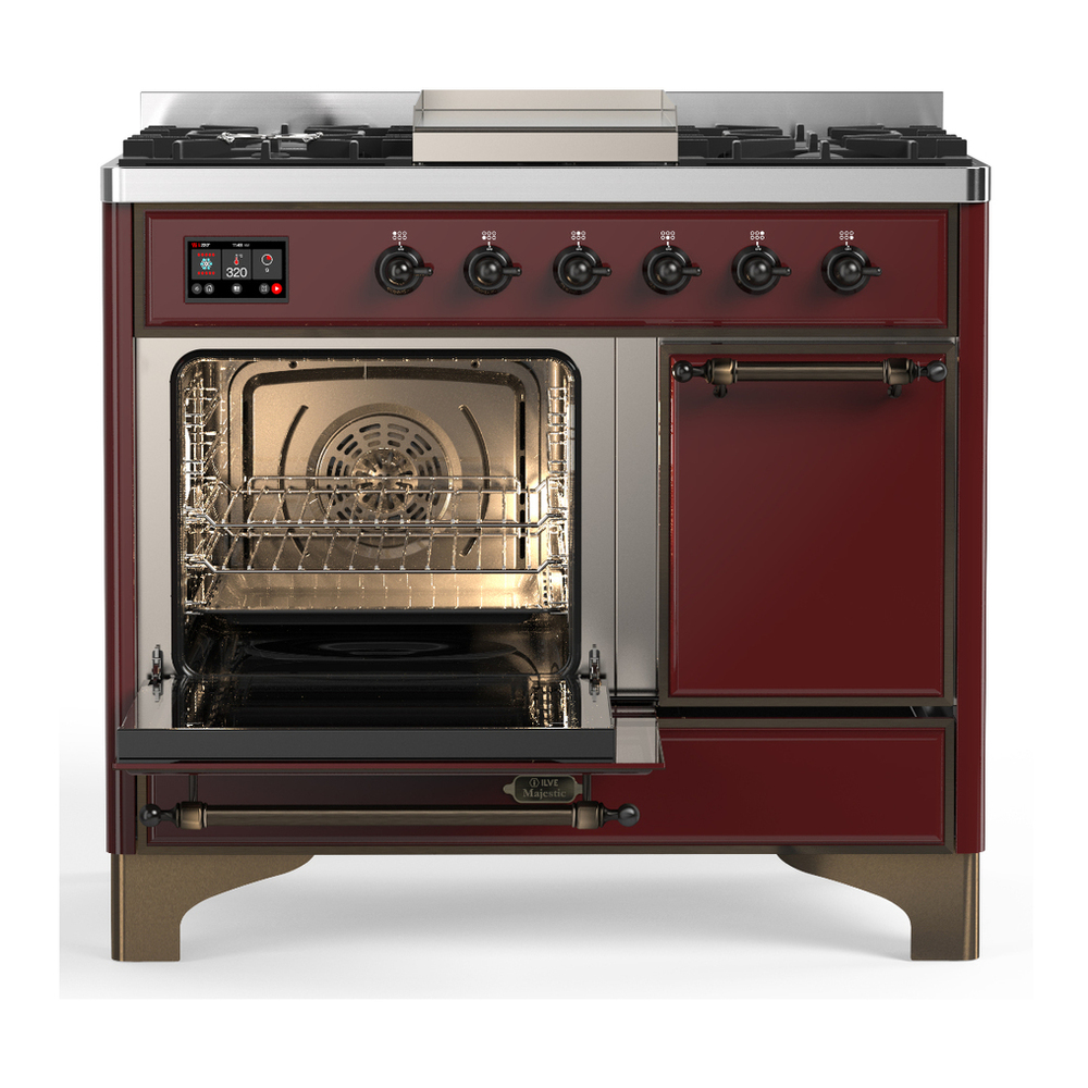 ILVE UMD40FQNR3BUB Majestic III 40 inch Dual Fuel Range with 6 Burners and Griddle, Dual Function Burner up to 25,000 BTU (Natural Gas, Solid Door, Burgundy, Burnished) 3 ILVE-UMD40FQNR3BUB-Primary Oven Open View