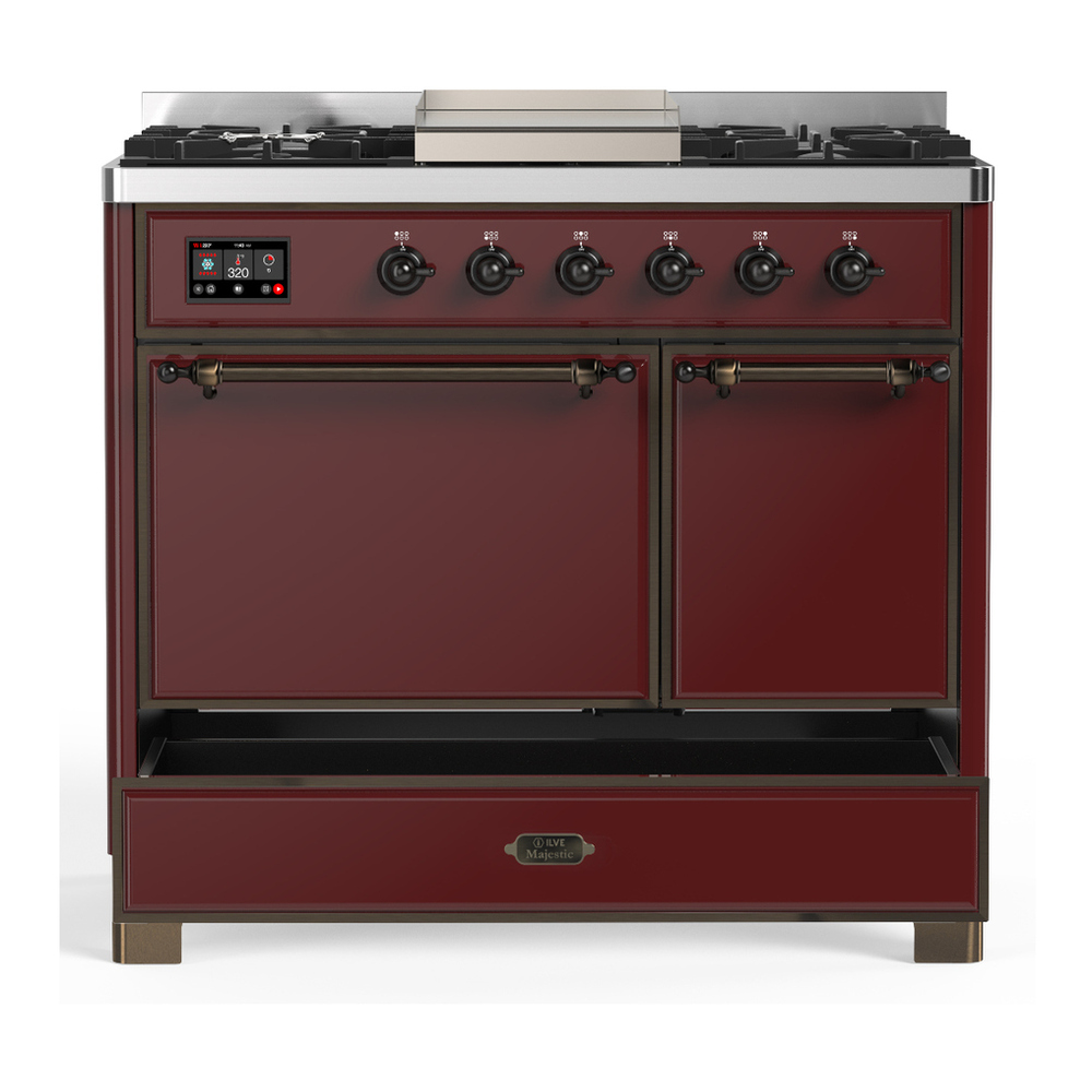 ILVE UMD40FQNR3BUB Majestic III 40 inch Dual Fuel Range with 6 Burners and Griddle, Dual Function Burner up to 25,000 BTU (Natural Gas, Solid Door, Burgundy, Burnished) 5 ILVE-UMD40FQNR3BUB-Drawer Open View