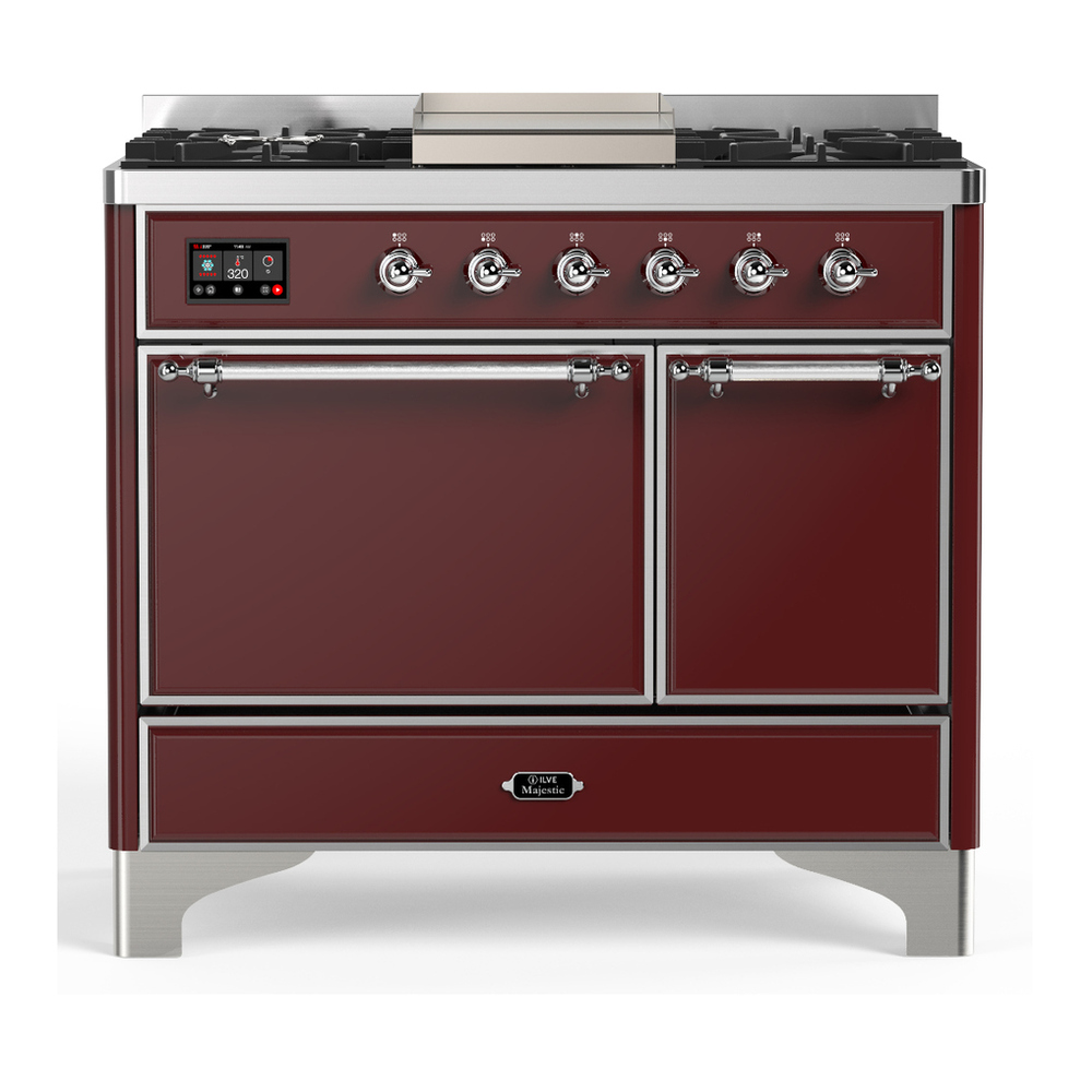 ILVE UMD40FQNR3BUCLP Majestic III 40 inch Dual Fuel Range with 6 Burners and Griddle, Dual Function Burner up to 25,000 BTU (Liquid Propane, Solid Door, Burgundy, Chrome) 1 UMD40FQNR3BUCLP