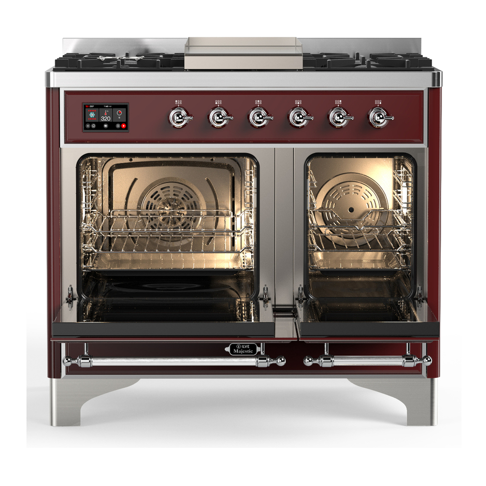 ILVE UMD40FQNR3BUCLP Majestic III 40 inch Dual Fuel Range with 6 Burners and Griddle, Dual Function Burner up to 25,000 BTU (Liquid Propane, Solid Door, Burgundy, Chrome) 2 ILVE-UMD40FQNR3BUCLP-Double Oven Open View