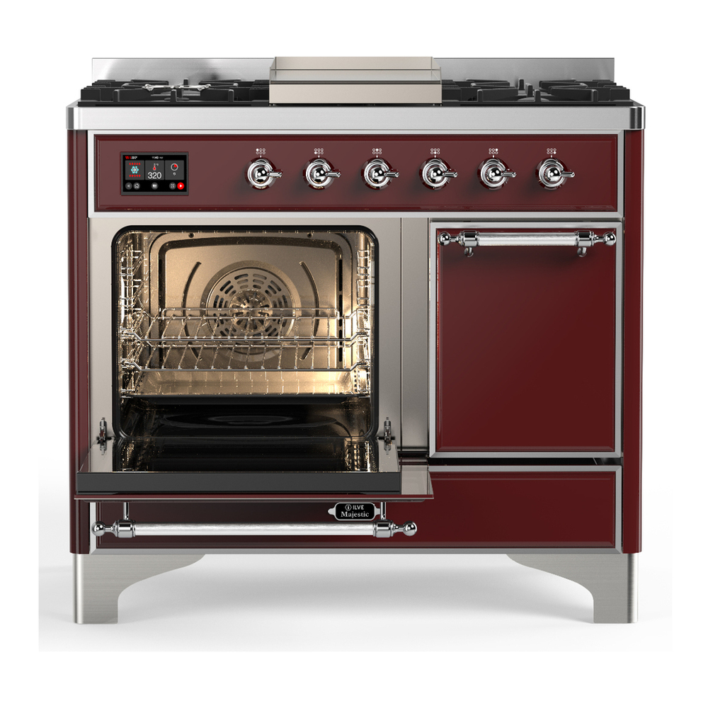 ILVE UMD40FQNR3BUCLP Majestic III 40 inch Dual Fuel Range with 6 Burners and Griddle, Dual Function Burner up to 25,000 BTU (Liquid Propane, Solid Door, Burgundy, Chrome) 3 ILVE-UMD40FQNR3BUCLP-Primary Oven Open View