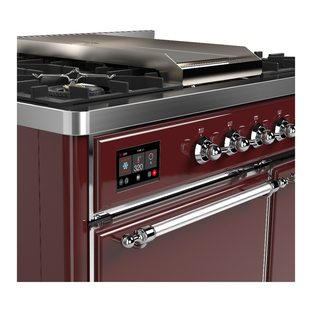 ILVE UMD40FQNR3BUCLP Majestic III 40 inch Dual Fuel Range with 6 Burners and Griddle, Dual Function Burner up to 25,000 BTU (Liquid Propane, Solid Door, Burgundy, Chrome) 7 ILVE-UMD40FQNR3BUCLP-Control Knobs View