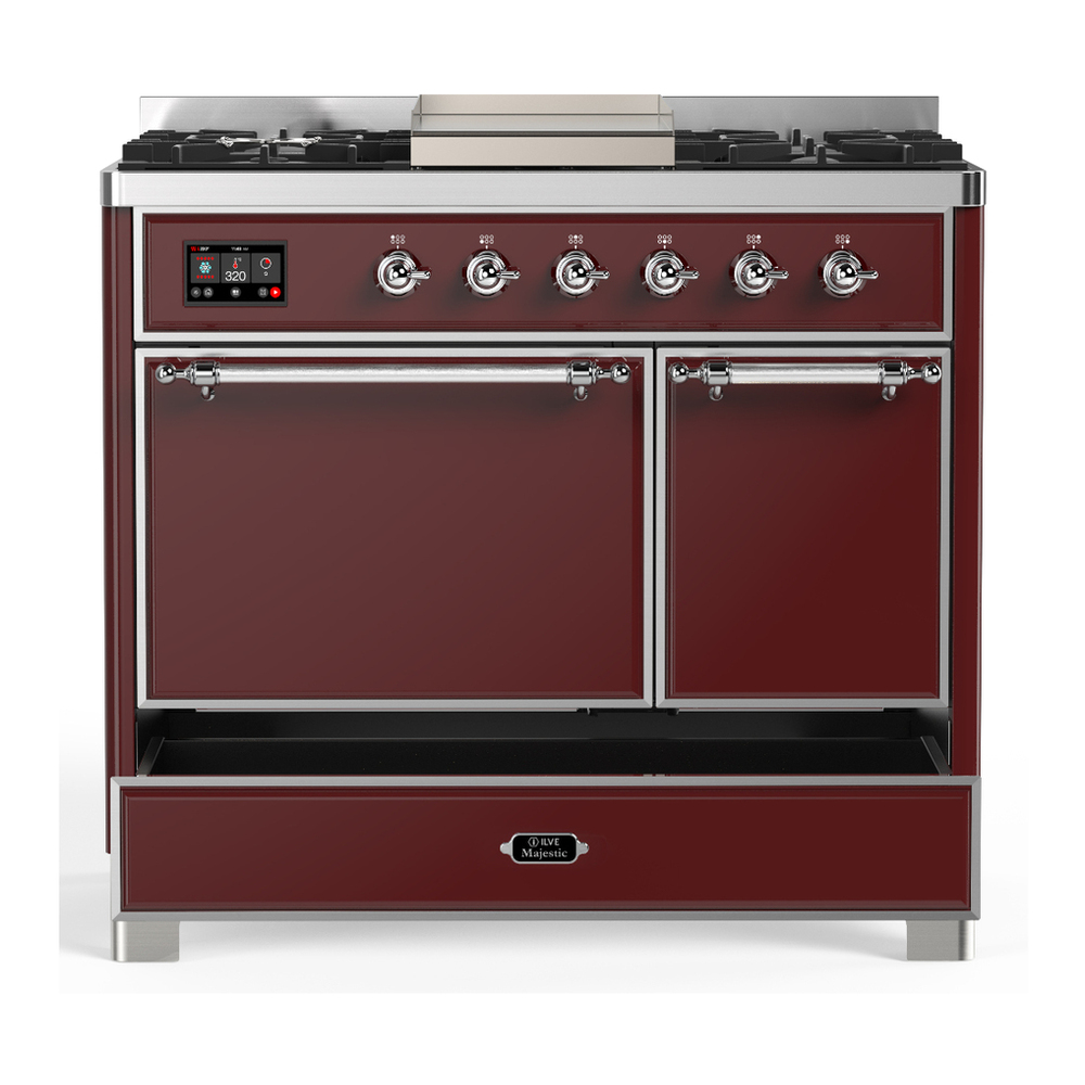 ILVE UMD40FQNR3BUC Majestic III 40 inch Dual Fuel Range with 6 Burners and Griddle, Dual Function Burner up to 25,000 BTU (Natural Gas, Solid Door, Burgundy, Chrome) 5 ILVE-UMD40FQNR3BUC-Drawer Open View