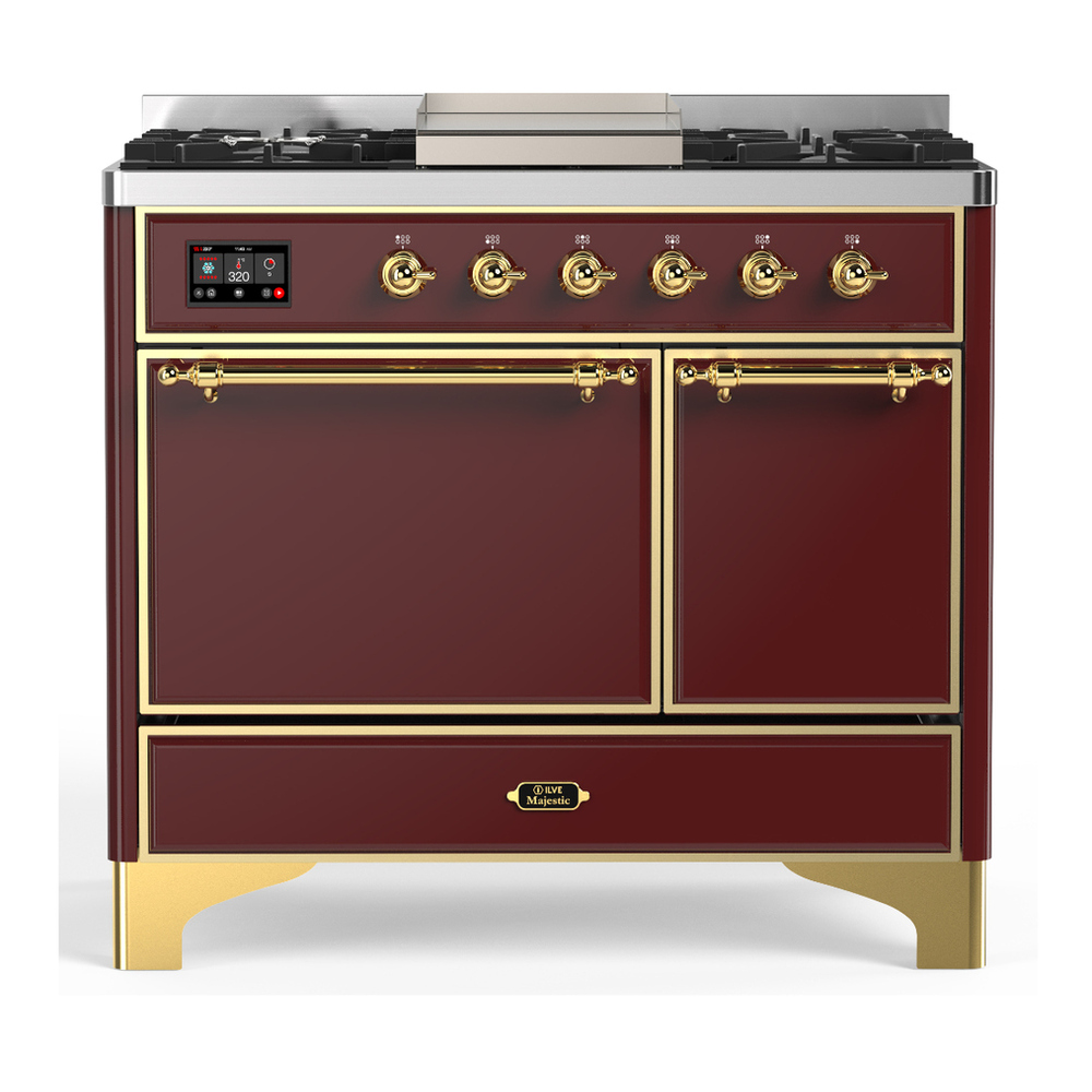 ILVE UMD40FQNR3BUGLP Majestic III 40 inch Dual Fuel Range with 6 Burners and Griddle, Dual Function Burner up to 25,000 BTU (Liquid Propane, Solid Door, Burgundy, Brass) 1 UMD40FQNR3BUGLP