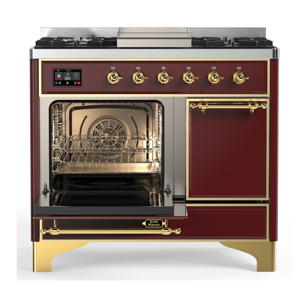 ILVE UMD40FQNR3BUGLP Majestic III 40 inch Dual Fuel Range with 6 Burners and Griddle, Dual Function Burner up to 25,000 BTU (Liquid Propane, Solid Door, Burgundy, Brass) 3 ILVE-UMD40FQNR3BUGLP-Primary Oven Open View