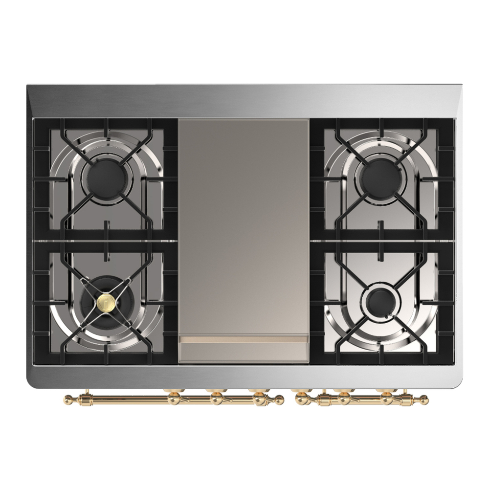 ILVE UMD40FQNR3BUGLP Majestic III 40 inch Dual Fuel Range with 6 Burners and Griddle, Dual Function Burner up to 25,000 BTU (Liquid Propane, Solid Door, Burgundy, Brass) 6 ILVE-UMD40FQNR3BUGLP-Top View