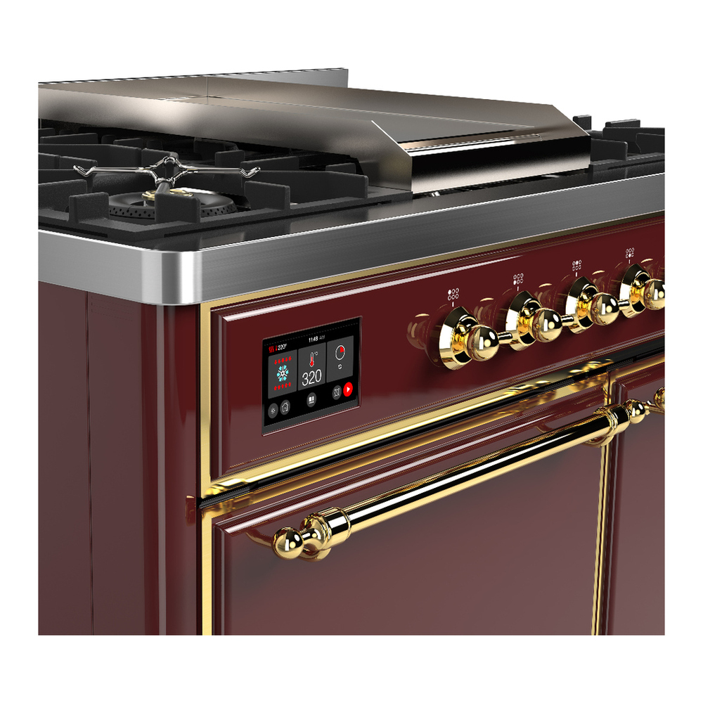 ILVE UMD40FQNR3BUGLP Majestic III 40 inch Dual Fuel Range with 6 Burners and Griddle, Dual Function Burner up to 25,000 BTU (Liquid Propane, Solid Door, Burgundy, Brass) 7 ILVE-UMD40FQNR3BUGLP-Control Knobs View
