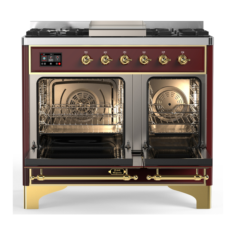 ILVE UMD40FQNR3BUG Majestic III 40 inch Dual Fuel Range with 6 Burners and Griddle, Dual Function Burner up to 25,000 BTU (Natural Gas, Solid Door, Burgundy, Brass) 2 ILVE-UMD40FQNR3BUG-Double Oven Open View
