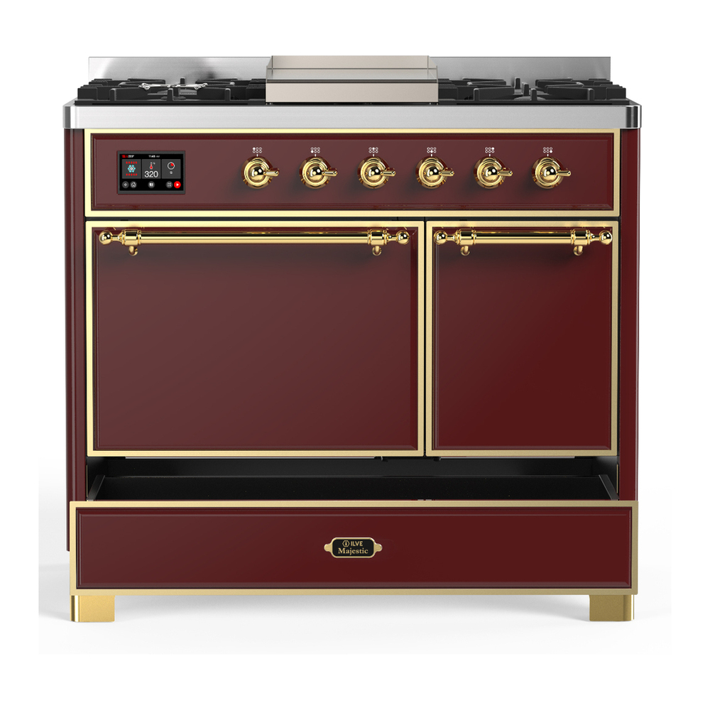 ILVE UMD40FQNR3BUG Majestic III 40 inch Dual Fuel Range with 6 Burners and Griddle, Dual Function Burner up to 25,000 BTU (Natural Gas, Solid Door, Burgundy, Brass) 5 ILVE-UMD40FQNR3BUG-Drawer Open View