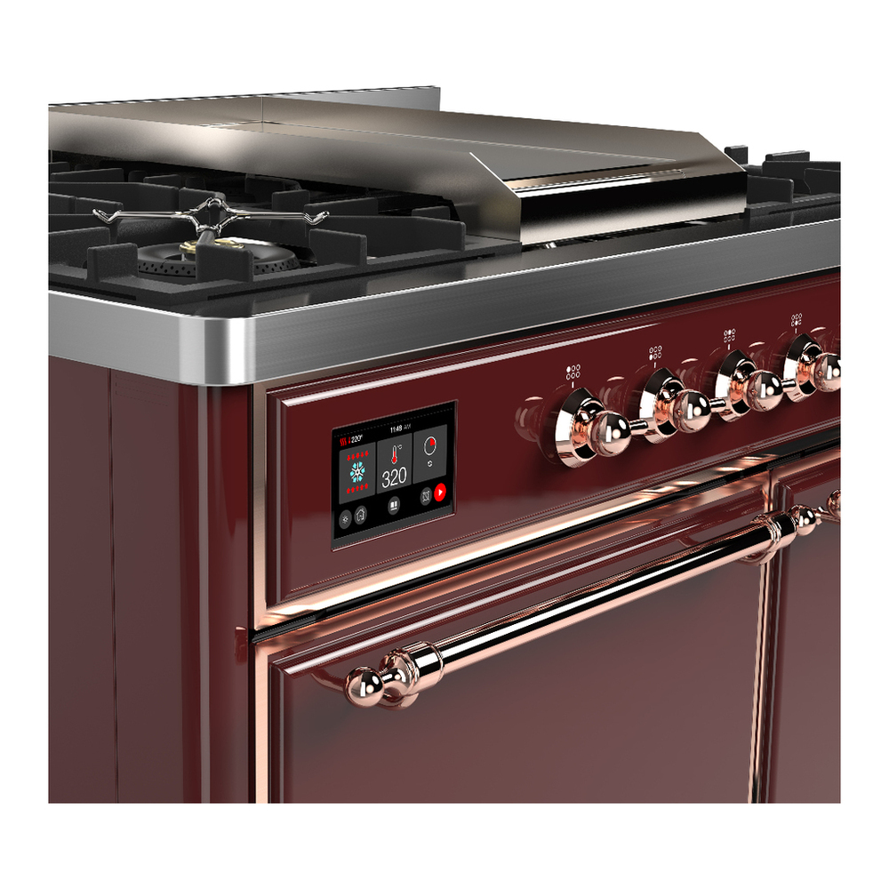 ILVE UMD40FQNR3BUPLP Majestic III 40 inch Dual Fuel Range with 6 Burners and Griddle, Dual Function Burner up to 25,000 BTU (Liquid Propane, Solid Door, Burgundy, Copper) 7 ILVE-UMD40FQNR3BUPLP-Control Knobs View