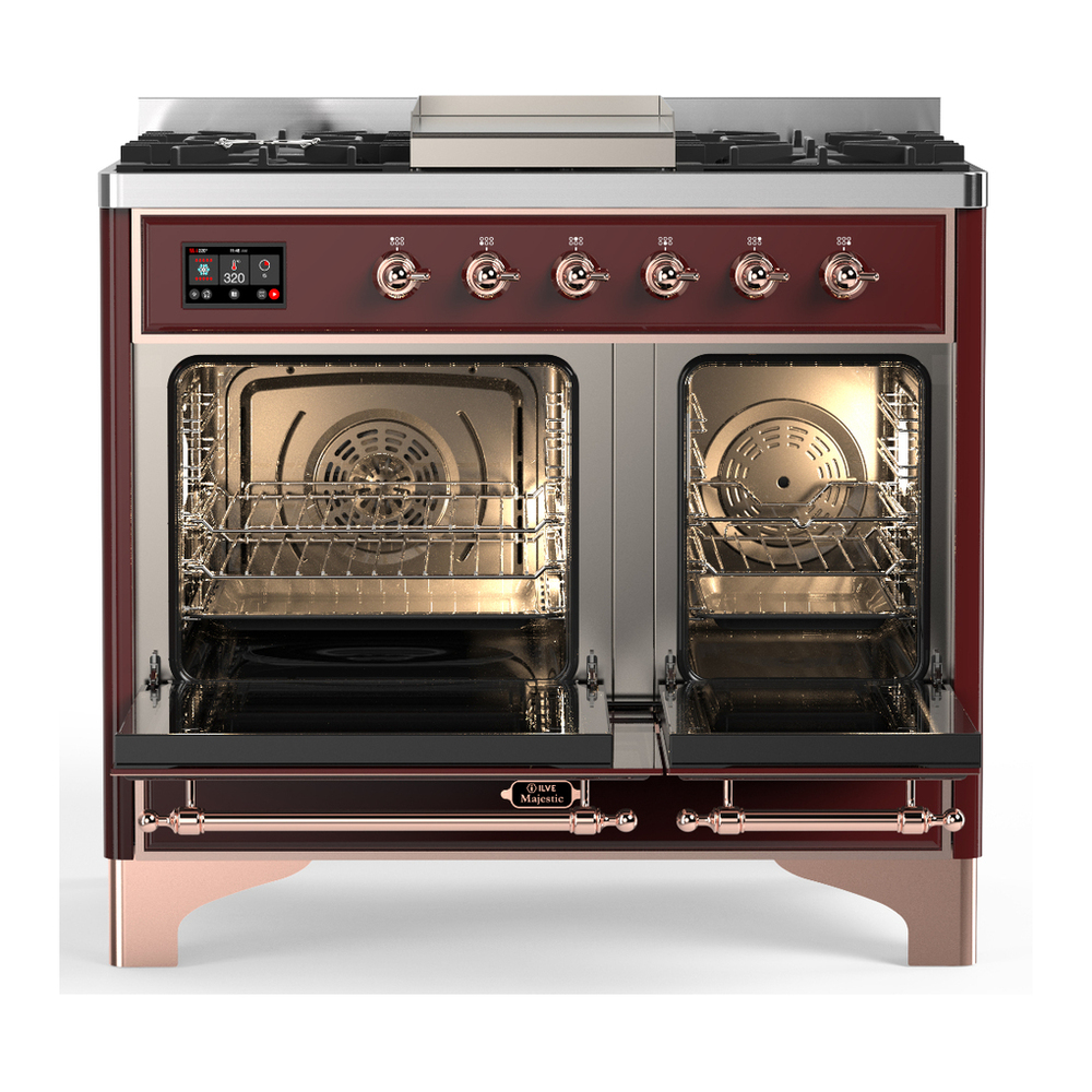 ILVE UMD40FQNR3BUP Majestic III 40 inch Dual Fuel Range with 6 Burners and Griddle, Dual Function Burner up to 25,000 BTU (Natural Gas, Solid Door, Burgundy, Copper) 2 ILVE-UMD40FQNR3BUP-Double Oven Open View