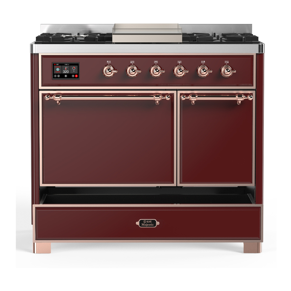 ILVE UMD40FQNR3BUP Majestic III 40 inch Dual Fuel Range with 6 Burners and Griddle, Dual Function Burner up to 25,000 BTU (Natural Gas, Solid Door, Burgundy, Copper) 5 ILVE-UMD40FQNR3BUP-Drawer Open View