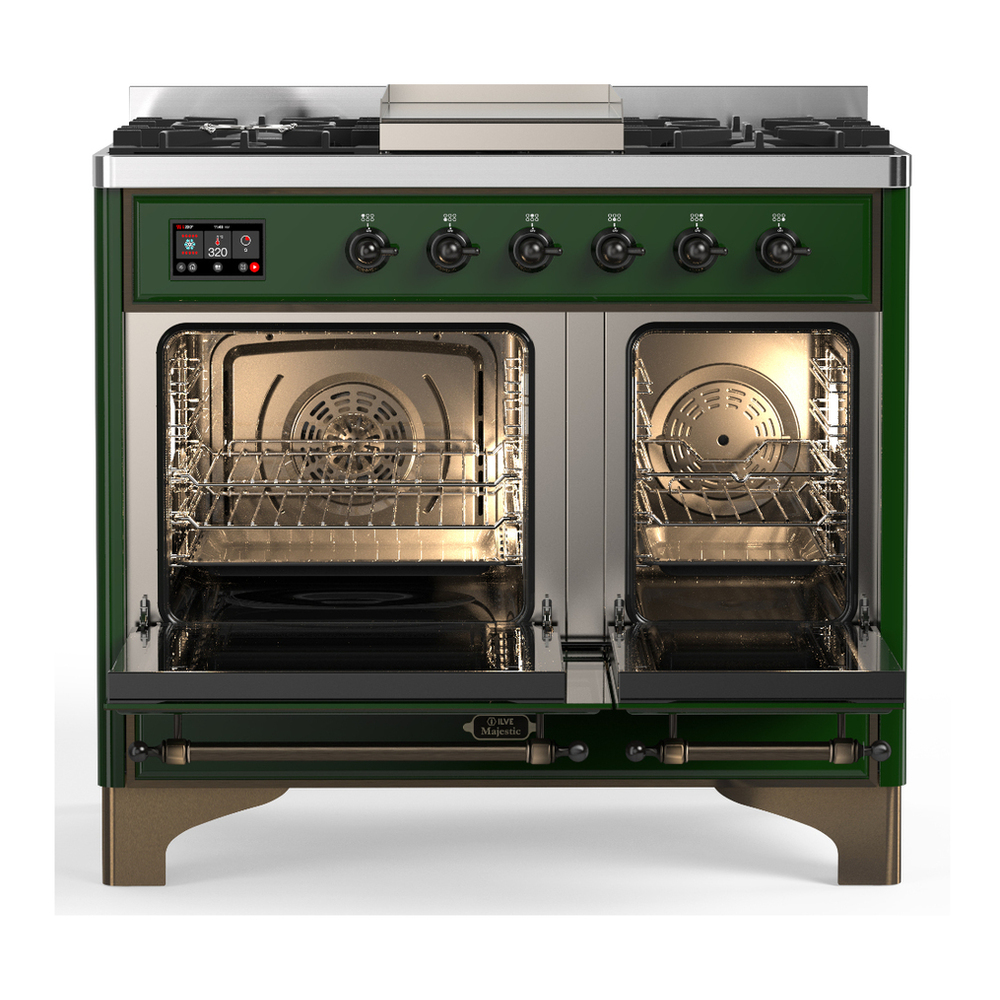 ILVE UMD40FQNR3EGB Majestic III 40 inch Dual Fuel Range with 6 Burners and Griddle, Dual Function Burner up to 25,000 BTU (Natural Gas, Solid Door, Emerald Green, Burnished) 2 ILVE-UMD40FQNR3EGB-Double Oven Open View