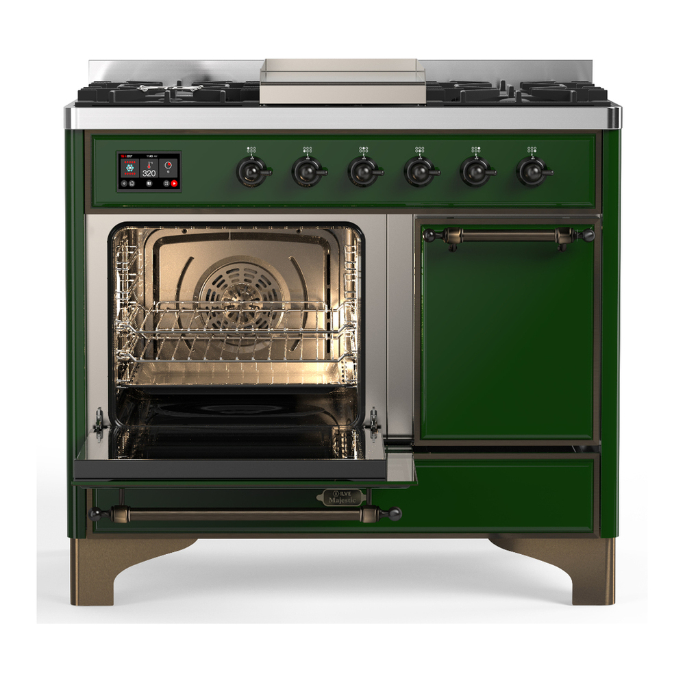 ILVE UMD40FQNR3EGB Majestic III 40 inch Dual Fuel Range with 6 Burners and Griddle, Dual Function Burner up to 25,000 BTU (Natural Gas, Solid Door, Emerald Green, Burnished) 3 ILVE-UMD40FQNR3EGB-Primary Oven Open View