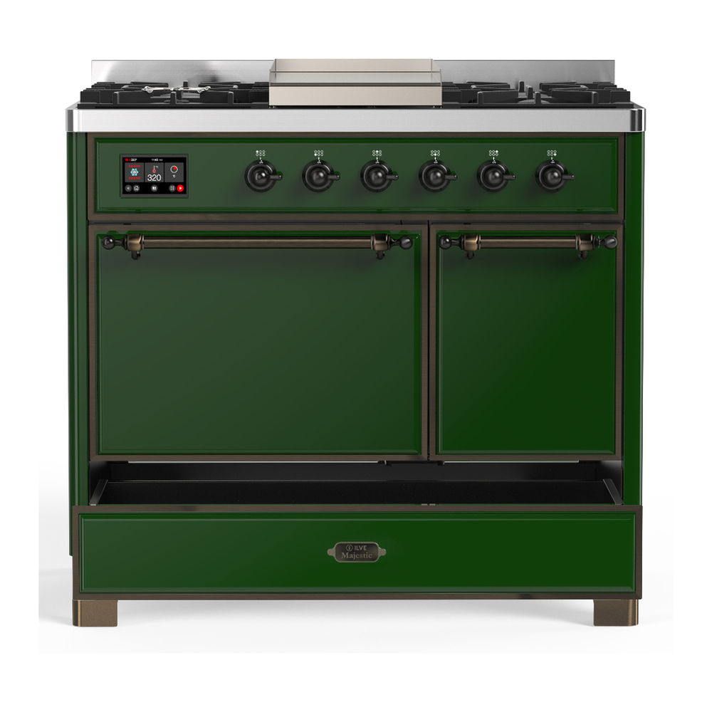ILVE UMD40FQNR3EGB Majestic III 40 inch Dual Fuel Range with 6 Burners and Griddle, Dual Function Burner up to 25,000 BTU (Natural Gas, Solid Door, Emerald Green, Burnished) 5 ILVE-UMD40FQNR3EGB-Drawer Open View