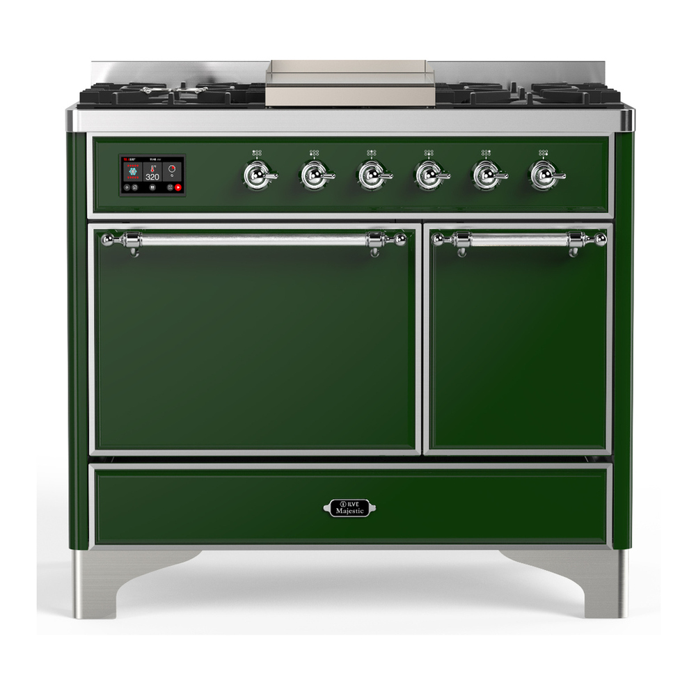 ILVE UMD40FQNR3EGC Majestic III 40 inch Dual Fuel Range with 6 Burners and Griddle, Dual Function Burner up to 25,000 BTU (Natural Gas, Solid Door, Emerald Green, Chrome) 1 UMD40FQNR3EGC