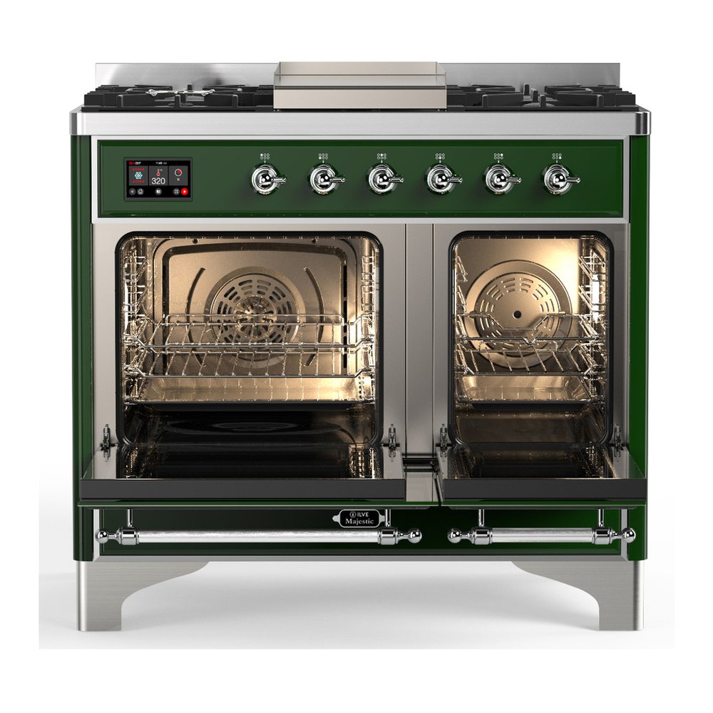 ILVE UMD40FQNR3EGC Majestic III 40 inch Dual Fuel Range with 6 Burners and Griddle, Dual Function Burner up to 25,000 BTU (Natural Gas, Solid Door, Emerald Green, Chrome) 2 ILVE-UMD40FQNR3EGC-Double Oven Open View