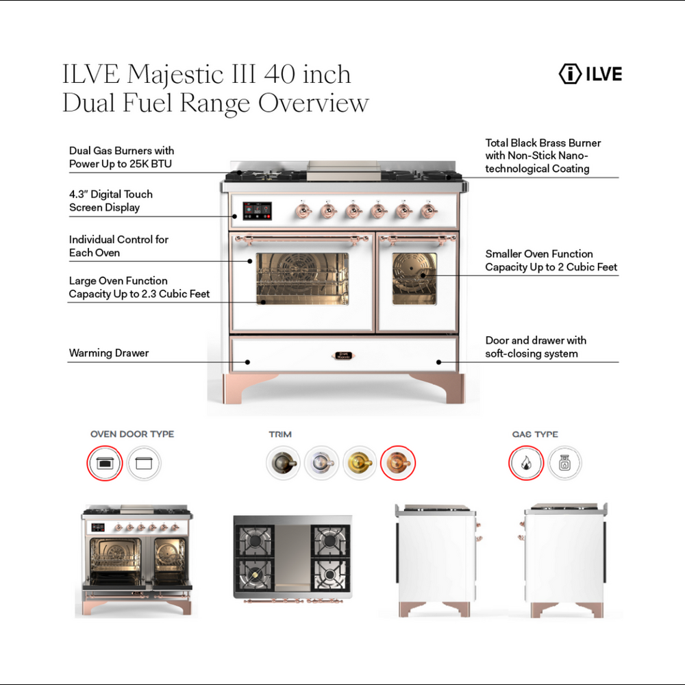 ILVE UMD40FQNR3MGC Majestic III 40 inch Dual Fuel Range with 6 Burners and Griddle, Dual Function Burner up to 25,000 BTU (Natural Gas, Solid Door, Graphite Matte, Chrome) 2 ILVE UMD40F Majestic III 40 inch Dual Fuel Range with 6 Burners and Griddle, Dual Function Burner up to 25,000 BTU