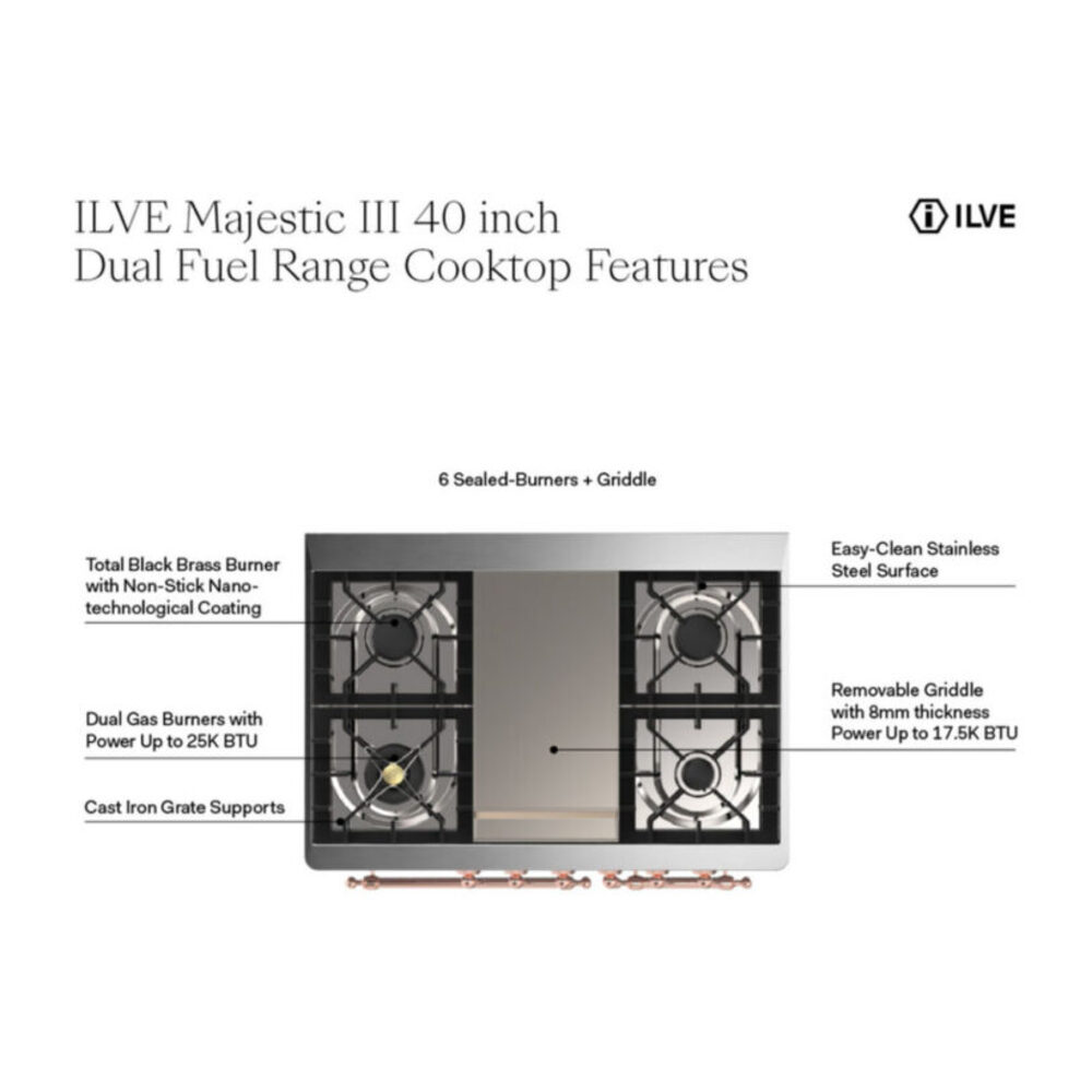 ILVE UMD40F Majestic III 40 inch Dual Fuel Range with 6 Burners and Griddle, Dual Function Burner up to 25,000 BTU