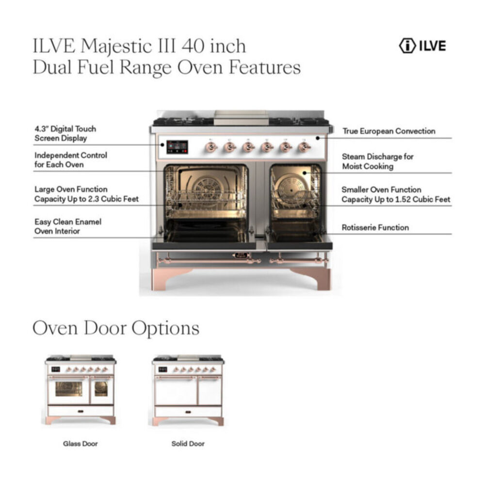 ILVE UMD40F Majestic III 40 inch Dual Fuel Range with 6 Burners and Griddle, Dual Function Burner up to 25,000 BTU