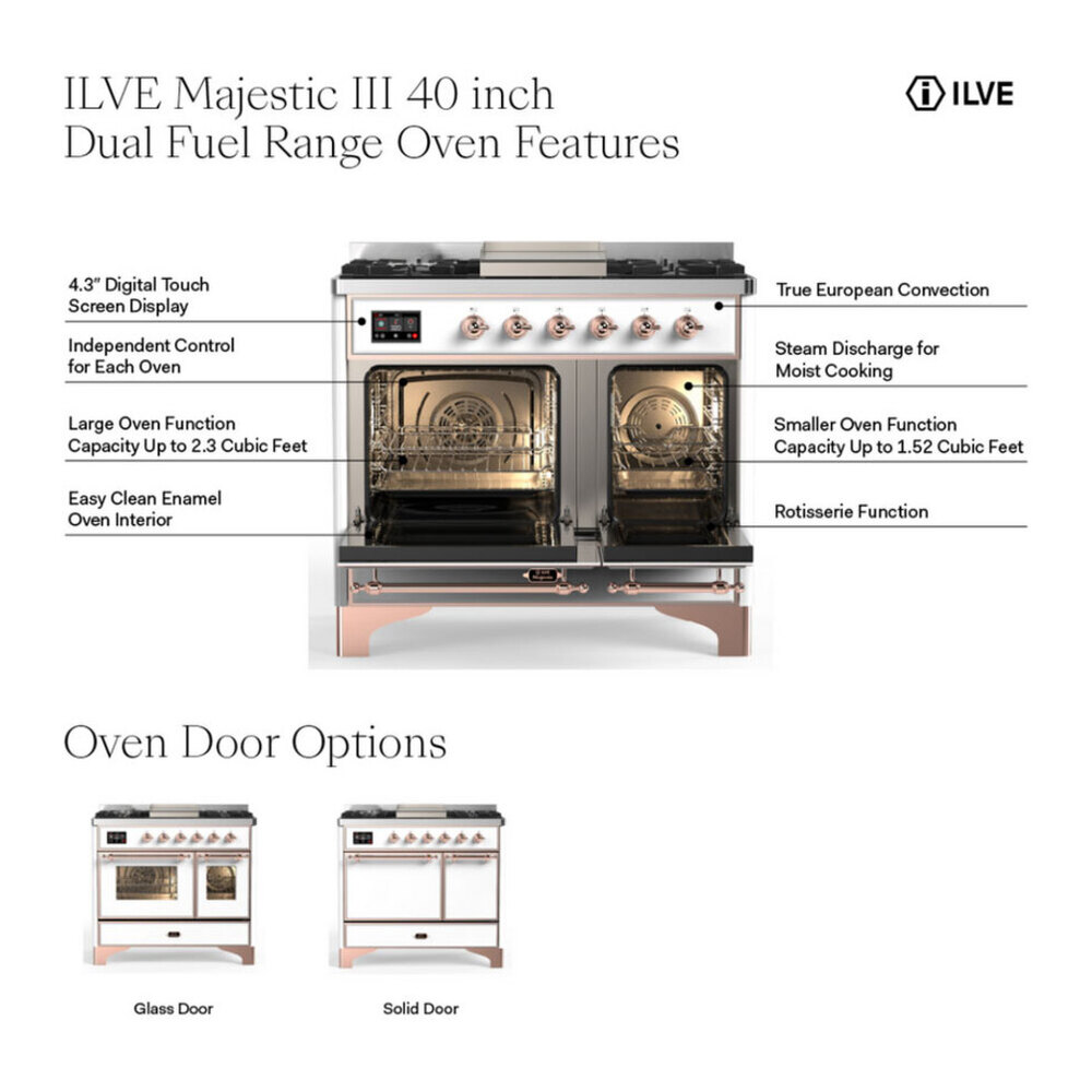 ILVE UMD40FQNR3MMPLP Majestic III 40 inch Dual Fuel Range with 6 Burners and Griddle, Dual Function Burner up to 25,000 BTU (Liquid Propane, Solid Door, Mediterranean Mint, Copper) 3 ILVE UMD40F Majestic III 40 inch Dual Fuel Range with 6 Burners and Griddle, Dual Function Burner up to 25,000 BTU