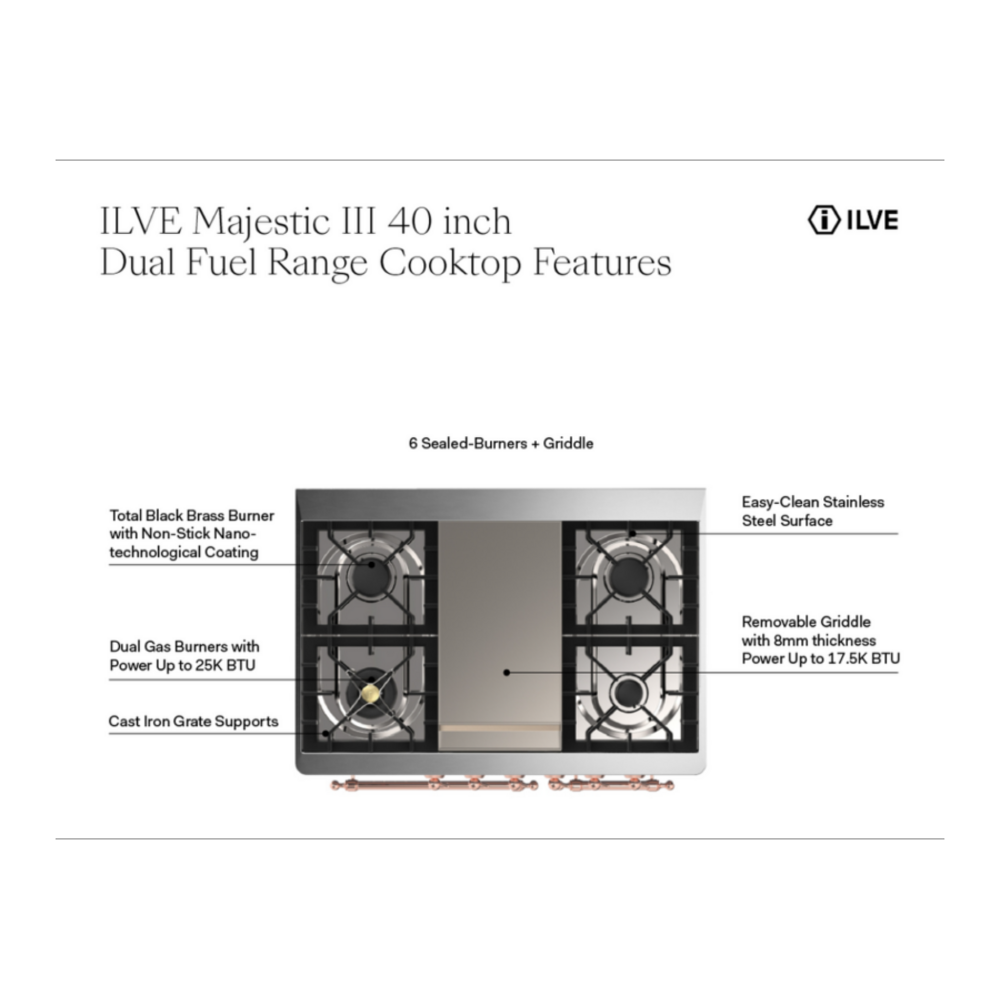 ILVE UMD40F Majestic III 40 inch Dual Fuel Range with 6 Burners and Griddle, Dual Function Burner up to 25,000 BTU