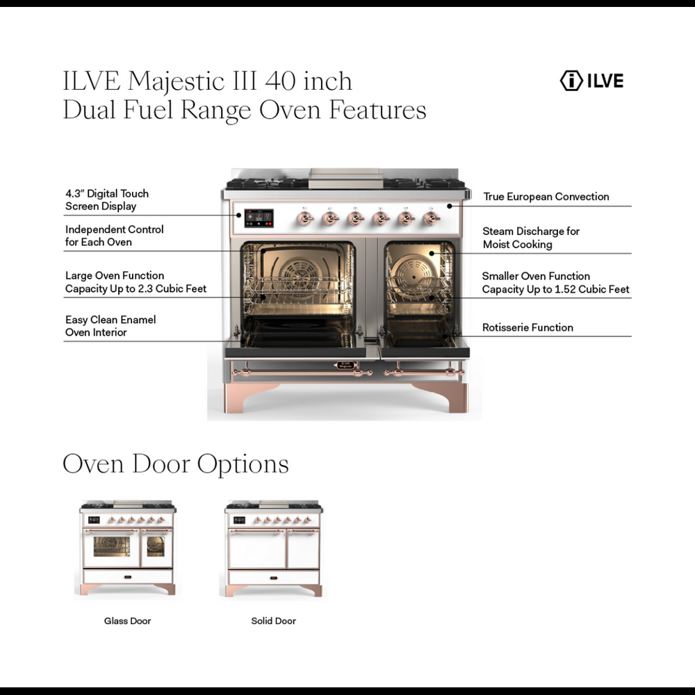 ILVE UMD40FQNR3SSB Majestic III 40 inch Dual Fuel Range with 6 Burners and Griddle, Dual Function Burner up to 25,000 BTU (Natural Gas, Solid Door, Stainless Steel, Burnished) 3 ILVE UMD40F Majestic III 40 inch Dual Fuel Range with 6 Burners and Griddle, Dual Function Burner up to 25,000 BTU