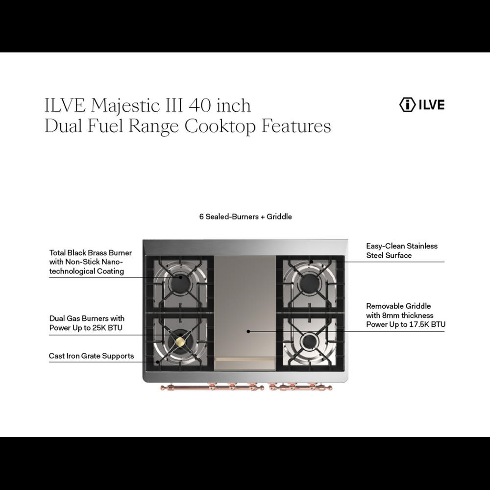 ILVE UMD40FQNR3SSP Majestic III 40 inch Dual Fuel Range with 6 Burners and Griddle, Dual Function Burner up to 25,000 BTU (Natural Gas, Solid Door, Stainless Steel, Copper) 4 ILVE UMD40F Majestic III 40 inch Dual Fuel Range with 6 Burners and Griddle, Dual Function Burner up to 25,000 BTU