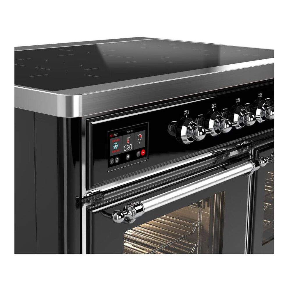 ILVE UMDI10NS3BKC Majestic II 40 inch Induction Range with 6 Elements, Booster Function, Bridge Control, Residual Heat Indicator (Triple Glass Door, Glossy Black, Chrome) 5 ILVE_UMDI10NS3BKC_Majestic_II_40"_Induction_Range_front_angle