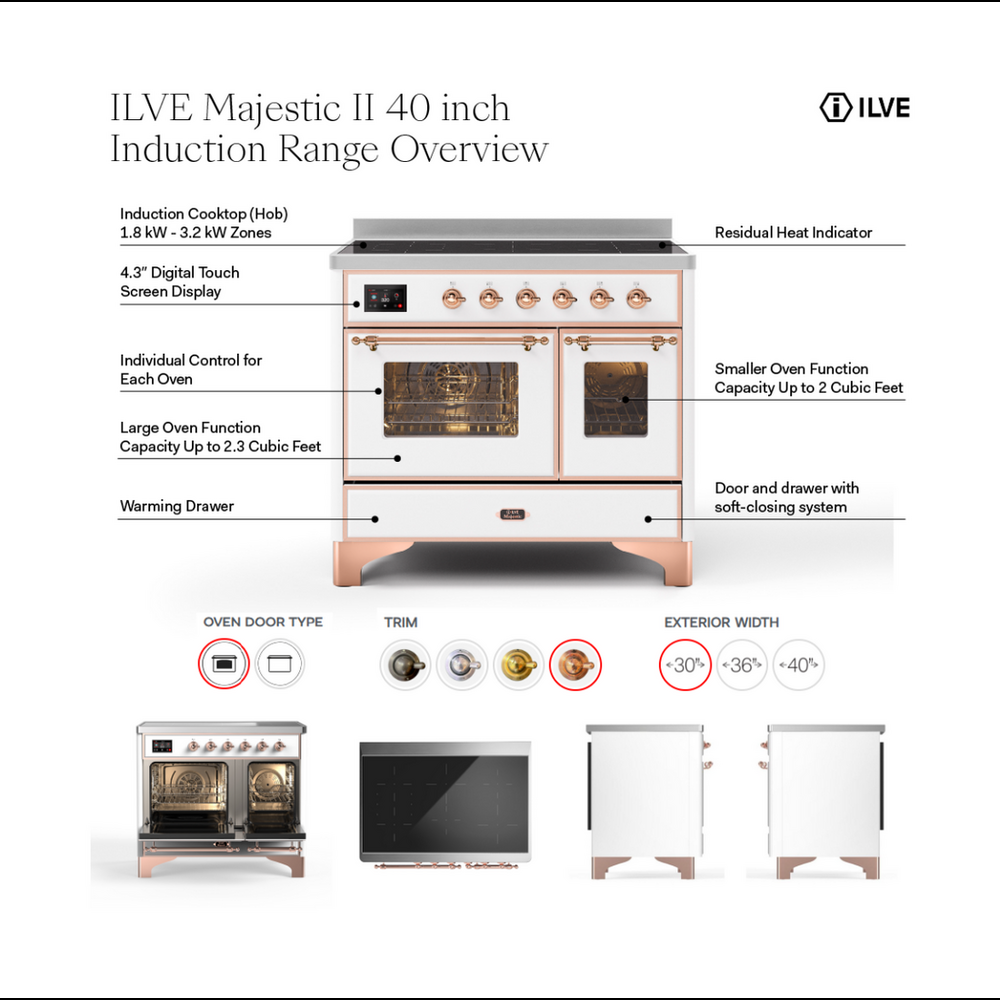 ILVE UMDI10QNS3BGC Majestic II 40 inch Induction Range with 6 Elements, Booster Function, Bridge Control, Residual Heat Indicator (Solid Door, Blue Grey, Chrome) 2 ILVE UMDI10F overview