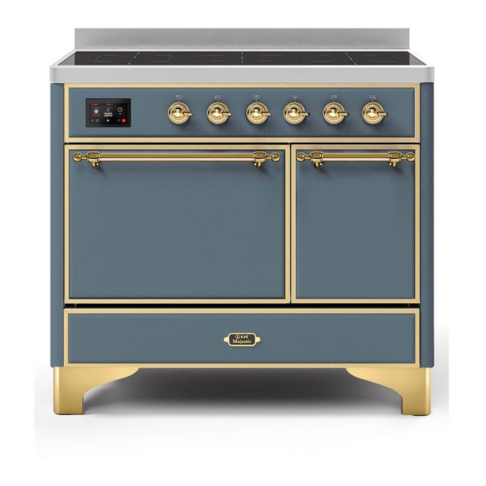 ILVE UMDI10QNS3BGG Majestic II 40 inch Induction Range with 6 Elements, Booster Function, Bridge Control, Residual Heat Indicator (Solid Door, Blue Grey, Brass) 1 UMDI10QNS3BGG
