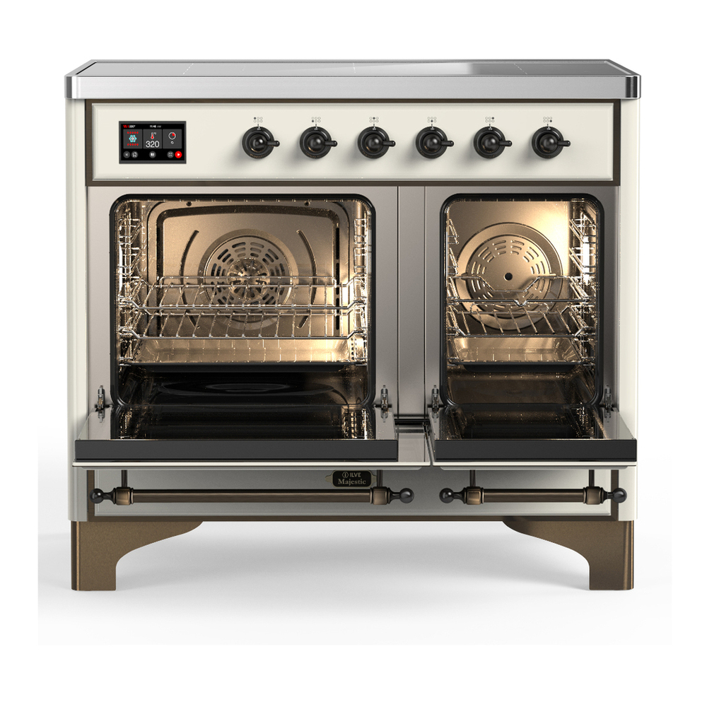 ILVE UMDIB40NR3AWB Majestic III 40 inch Induction Range with 6 Elements, 3.82 cu. ft. Total Oven Capacity (Triple Glass Door, Antique White, Burnished) 2 ILVE-UMDIB40NR3AWB-Double Oven Open View