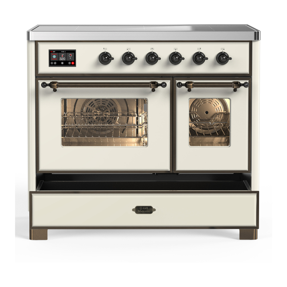 ILVE UMDIB40NR3AWB Majestic III 40 inch Induction Range with 6 Elements, 3.82 cu. ft. Total Oven Capacity (Triple Glass Door, Antique White, Burnished) 5 ILVE-UMDIB40NR3AWB-Drawer Open View