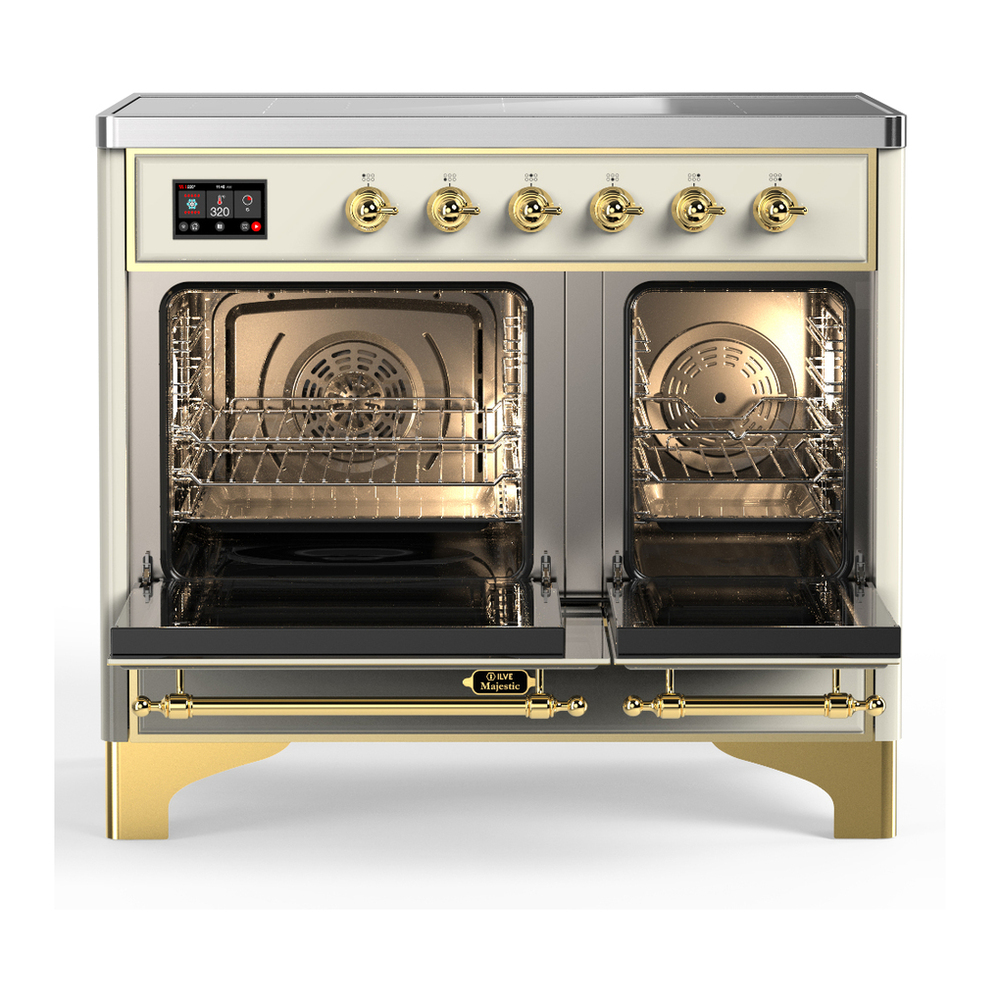 ILVE UMDIB40NR3AWG Majestic III 40 inch Induction Range with 6 Elements, 3.82 cu. ft. Total Oven Capacity (Triple Glass Door, Antique White, Brass) 2 ILVE-UMDIB40NR3AWG-Double Oven Open View