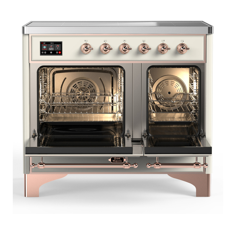 ILVE UMDIB40NR3AWP Majestic III 40 inch Induction Range with 6 Elements, 3.82 cu. ft. Total Oven Capacity (Triple Glass Door, Antique White, Copper) 2 ILVE-UMDIB40NR3AWP-Double Oven Open View