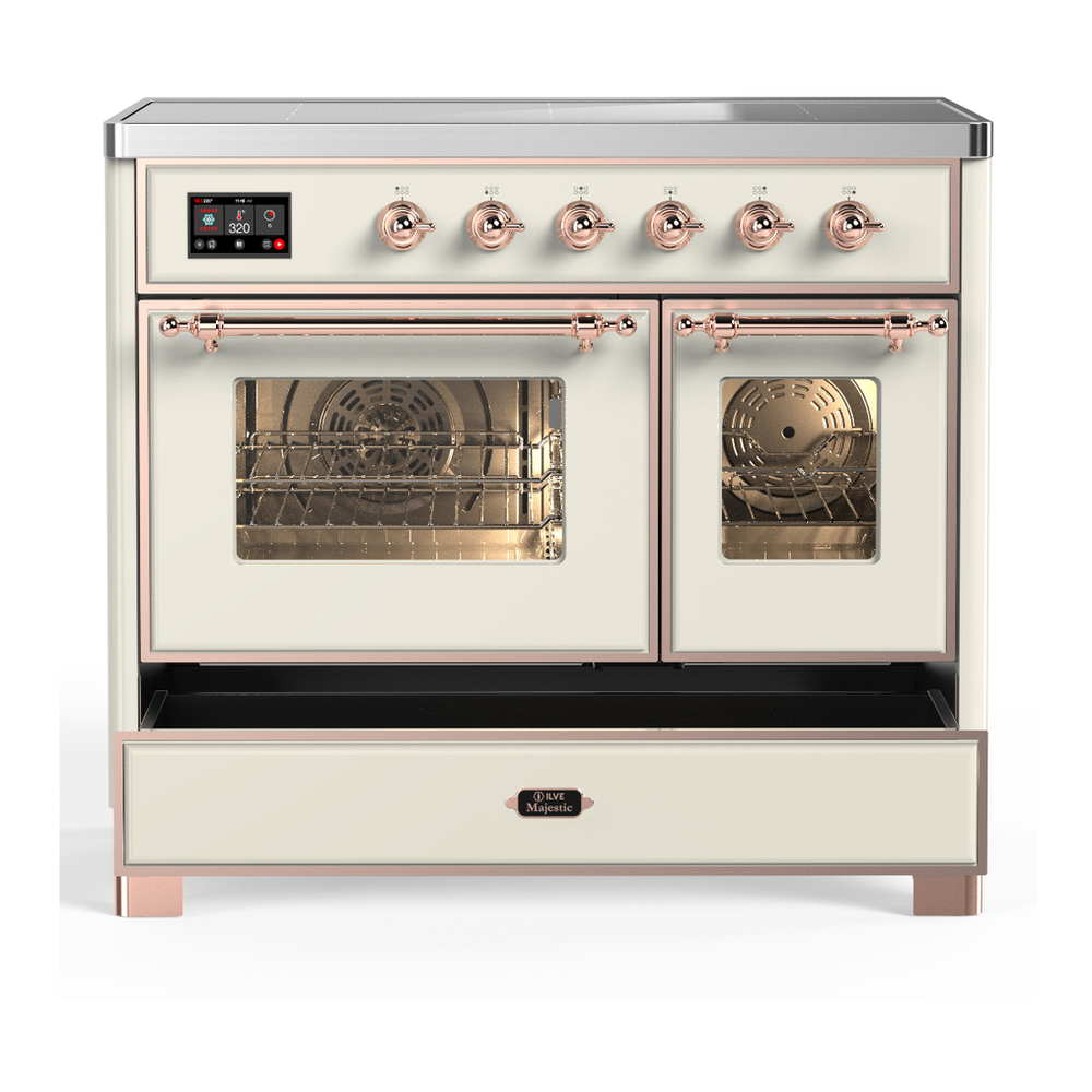 ILVE UMDIB40NR3AWP Majestic III 40 inch Induction Range with 6 Elements, 3.82 cu. ft. Total Oven Capacity (Triple Glass Door, Antique White, Copper) 5 ILVE-UMDIB40NR3AWP-Drawer Open View