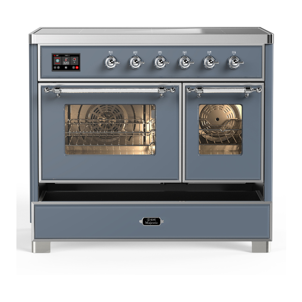 ILVE UMDIB40NR3BGC Majestic III 40 inch Induction Range with 6 Elements, 3.82 cu. ft. Total Oven Capacity (Triple Glass Door, Blue Grey, Chrome) 5 ILVE-UMDIB40NR3BGC-Drawer Open View