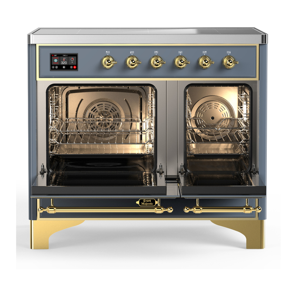 ILVE UMDIB40NR3BGG Majestic III 40 inch Induction Range with 6 Elements, 3.82 cu. ft. Total Oven Capacity (Triple Glass Door, Blue Grey, Brass) 2 ILVE-UMDIB40NR3BGG-Double Oven Open View