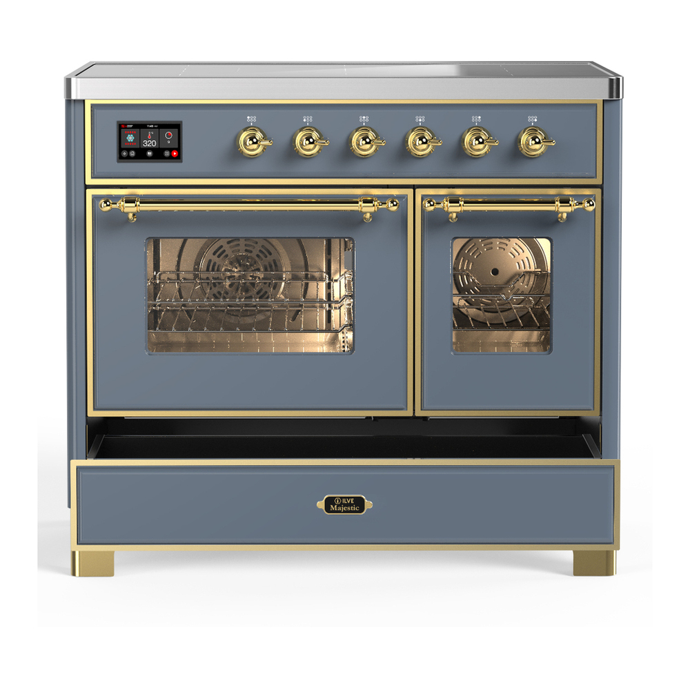 ILVE UMDIB40NR3BGG Majestic III 40 inch Induction Range with 6 Elements, 3.82 cu. ft. Total Oven Capacity (Triple Glass Door, Blue Grey, Brass) 5 ILVE-UMDIB40NR3BGG-Drawer Open View