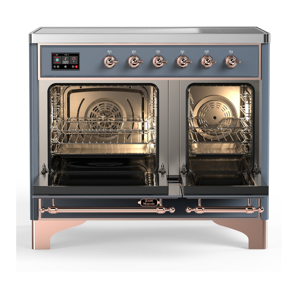 ILVE UMDIB40NR3BGP Majestic III 40 inch Induction Range with 6 Elements, 3.82 cu. ft. Total Oven Capacity (Triple Glass Door, Blue Grey, Copper) 2 ILVE-UMDIB40NR3BGP-Double Oven Open View