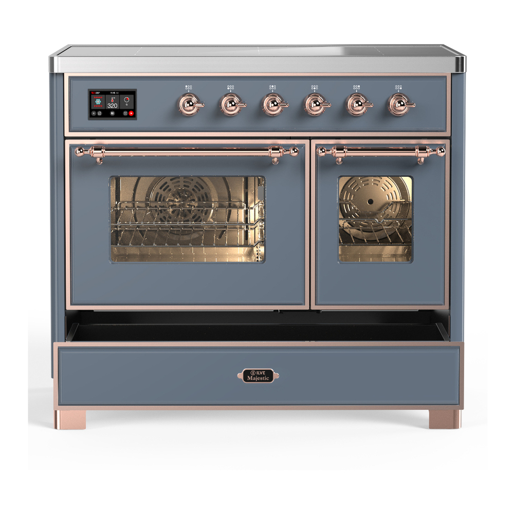 ILVE UMDIB40NR3BGP Majestic III 40 inch Induction Range with 6 Elements, 3.82 cu. ft. Total Oven Capacity (Triple Glass Door, Blue Grey, Copper) 5 ILVE-UMDIB40NR3BGP-Drawer Open View