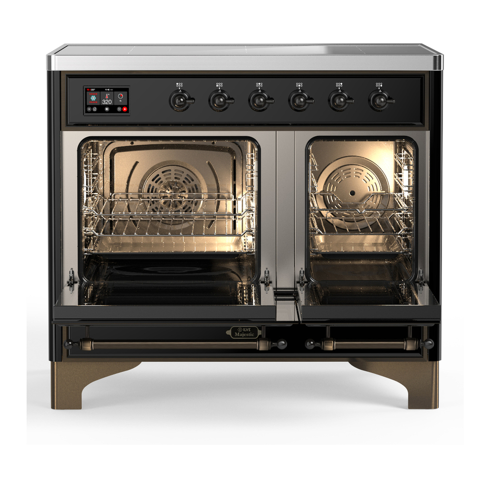 ILVE UMDIB40NR3BKB Majestic III 40 inch Induction Range with 6 Elements, 3.82 cu. ft. Total Oven Capacity (Triple Glass Door, Glossy Black, Burnished) 2 ILVE-UMDIB40NR3BKB-Double Oven Open View