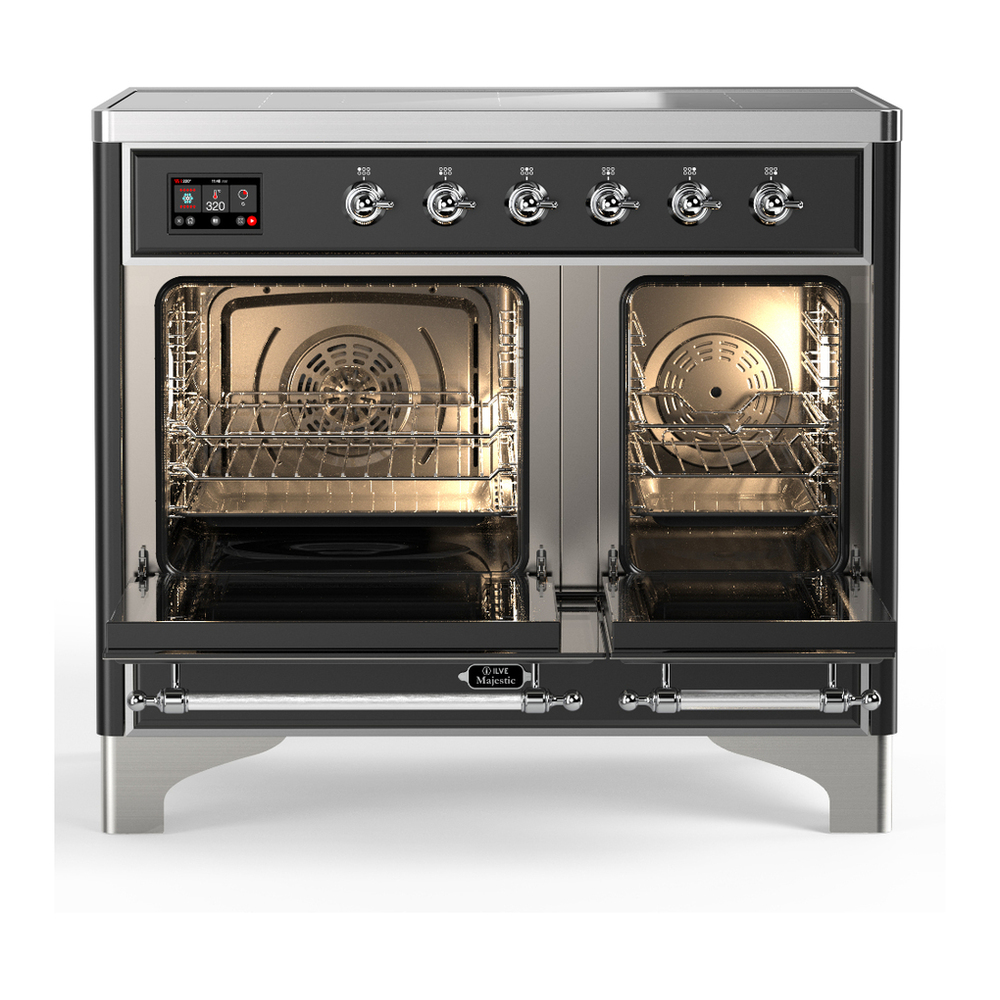 ILVE UMDIB40NR3BKC Majestic III 40 inch Induction Range with 6 Elements, 3.82 cu. ft. Total Oven Capacity (Triple Glass Door, Glossy Black, Chrome) 2 ILVE-UMDIB40NR3BKC-Double Oven Open View