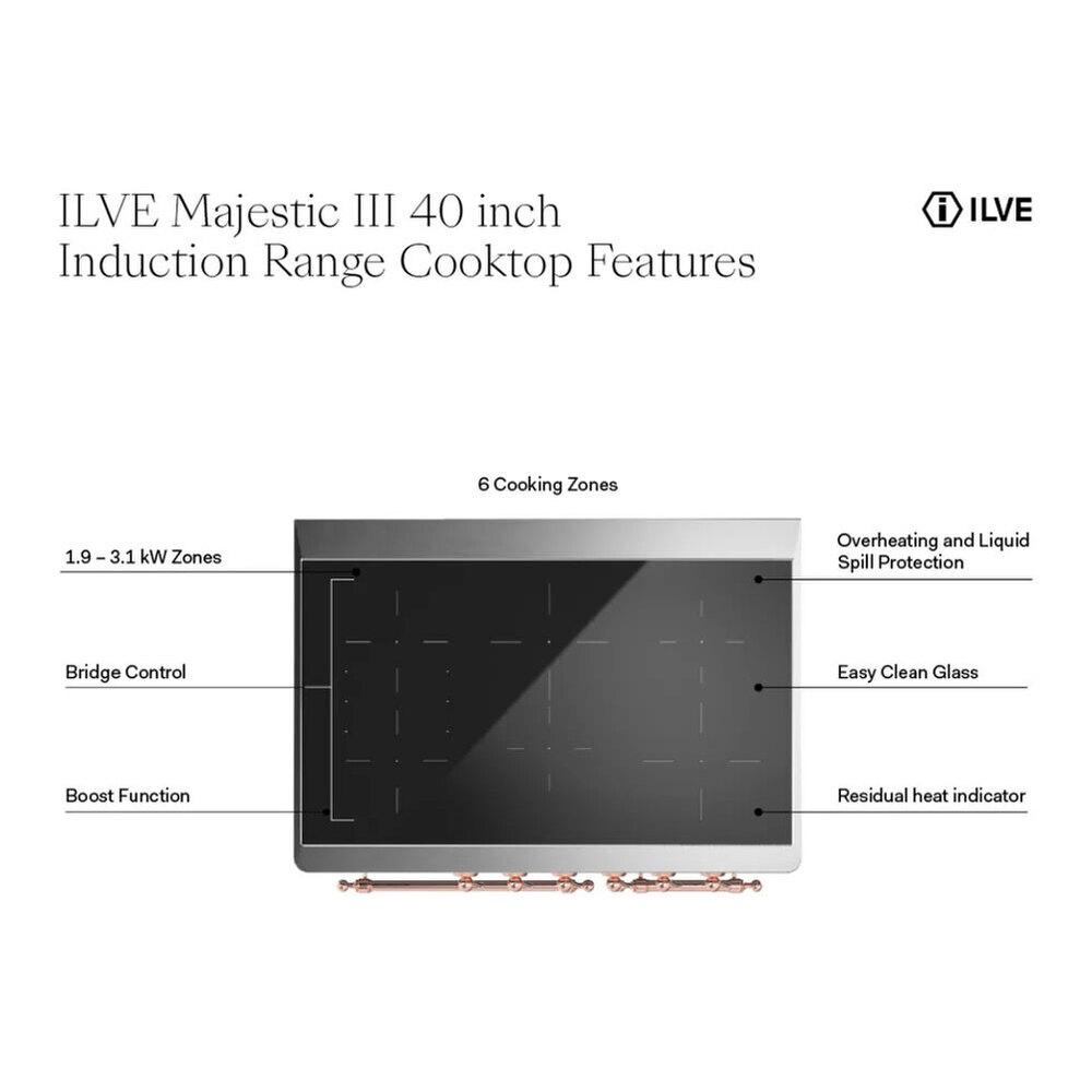ILVE UMDIB40NR3MMG Majestic III 40 inch Induction Range with 6 Elements, 3.82 cu. ft. Total Oven Capacity (Triple Glass Door, Mediterranean Mint, Brass) 4 ILVE UMDIB40N Majestic III 40 inch Induction Range with 6 Elements, 3.82 cu. ft. Total Oven Capacity