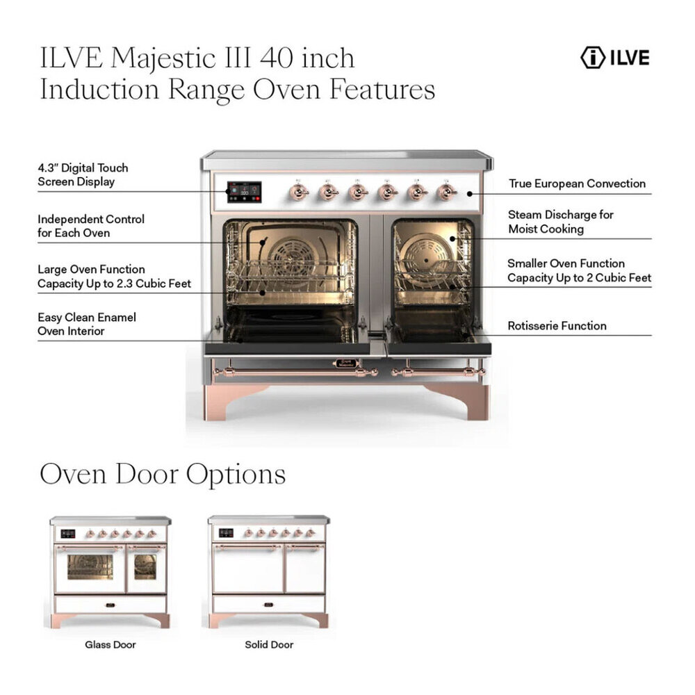 ILVE UMDIB40NR3MMP Majestic III 40 inch Induction Range with 6 Elements, 3.82 cu. ft. Total Oven Capacity (Triple Glass Door, Mediterranean Mint, Copper) 3 ILVE UMDIB40N Majestic III 40 inch Induction Range with 6 Elements, 3.82 cu. ft. Total Oven Capacity
