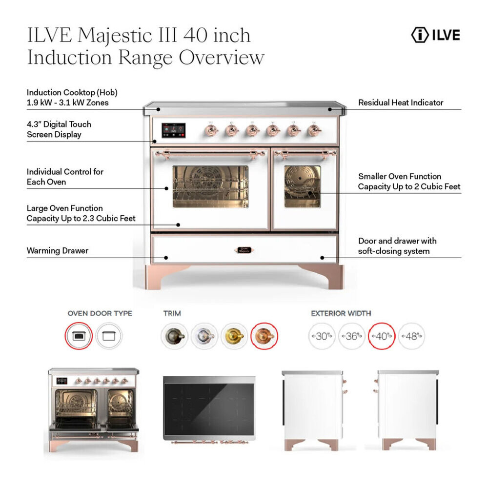 ILVE UMDIB40QNR3MMB Majestic III 40 inch Induction Range with 6 Elements, 3.82 cu. ft. Total Oven Capacity (Solid Door, Mediterranean Mint, Burnished) 2 ILVE UMDIB40N Majestic III 40 inch Induction Range with 6 Elements, 3.82 cu. ft. Total Oven Capacity