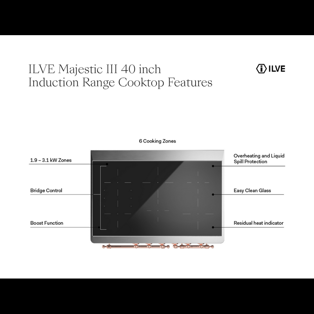 ILVE UMDIB40QNR3SSG Majestic III 40 inch Induction Range with 6 Elements, 3.82 cu. ft. Total Oven Capacity (Solid Door, Stainless Steel, Brass) 4 ILVE UMDIB40N Majestic III 40 inch Induction Range with 6 Elements, 3.82 cu. ft. Total Oven Capacity